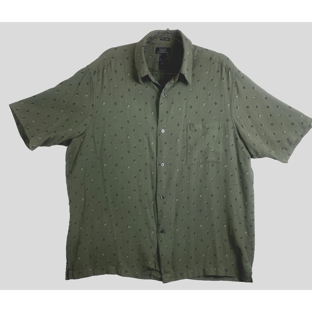 Silk 100% Button Up Short Sleeve Shirt XL, Crazy Horse A Claiborne, Olive Green